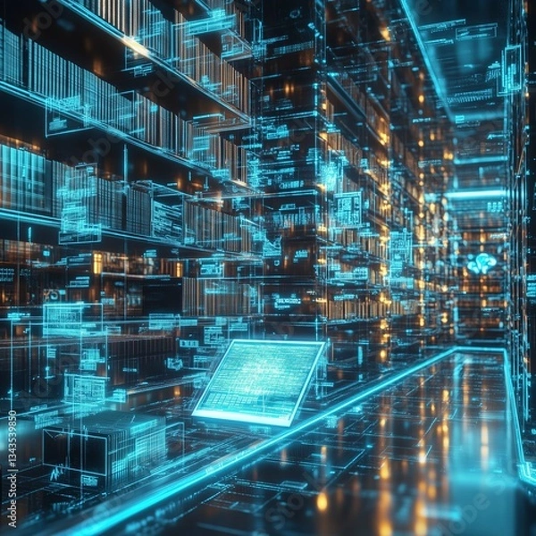 Fototapeta Futuristic library with glowing shelves and digital elements. education and e-learning
