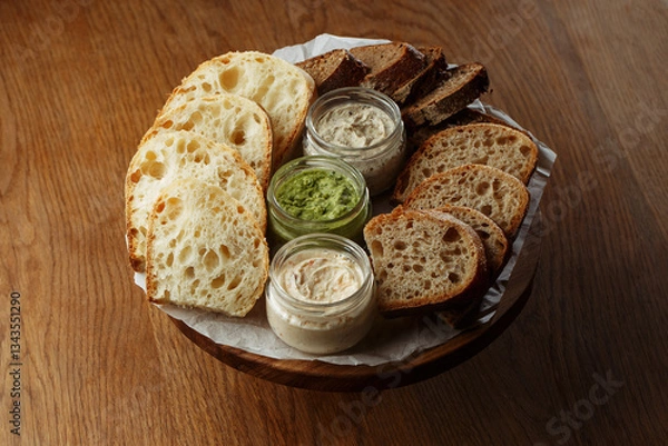 Fototapeta Assorted artisan bread slices with three types of butter in glass jars on a rustic wooden table. A delicious selection of fresh bakery and butter for breakfast or snack