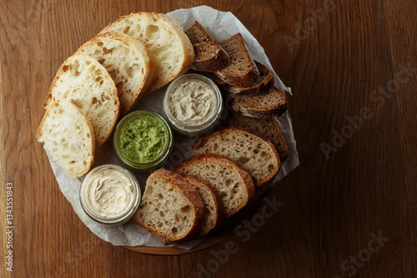 Fototapeta Assorted artisan bread slices with three types of butter in glass jars on a rustic wooden table. A delicious selection of fresh bakery and butter for breakfast or snack. top view