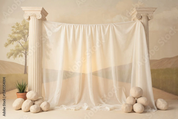 Obraz Classical Pillar with Drapery and Desert Scene