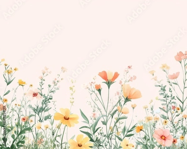 Fototapeta Wildflower border on soft coral background in flat 