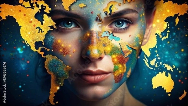Fototapeta Abstract Dotted World Map Portrait Photography - Global Connectivity Concept
