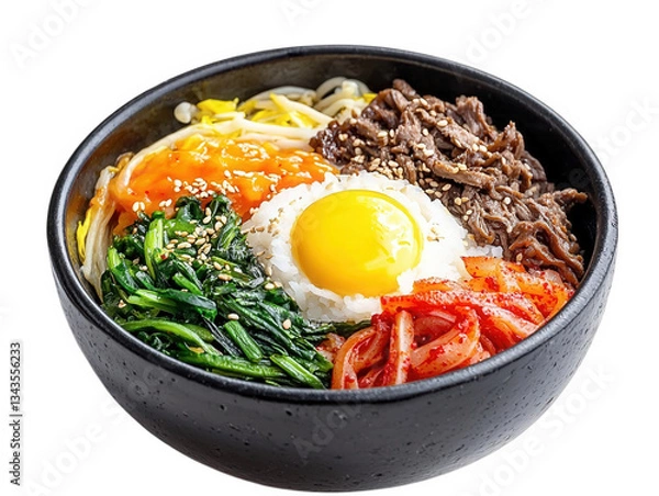 Obraz A vibrant bowl of bibimbap featuring rice, vegetables, beef, and a sunny-side-up egg, garnished with sesame seeds, Transparent background.
