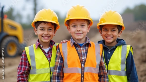 Obraz three boys on a construction site in helmets and construction vests
