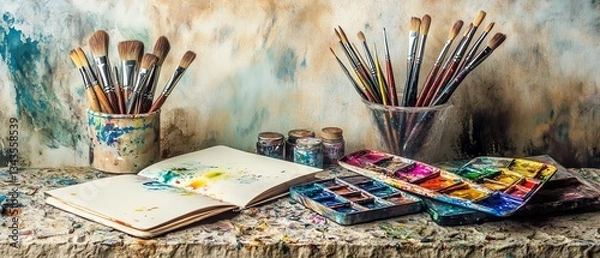 Obraz Art supplies arranged on a creative workspace.