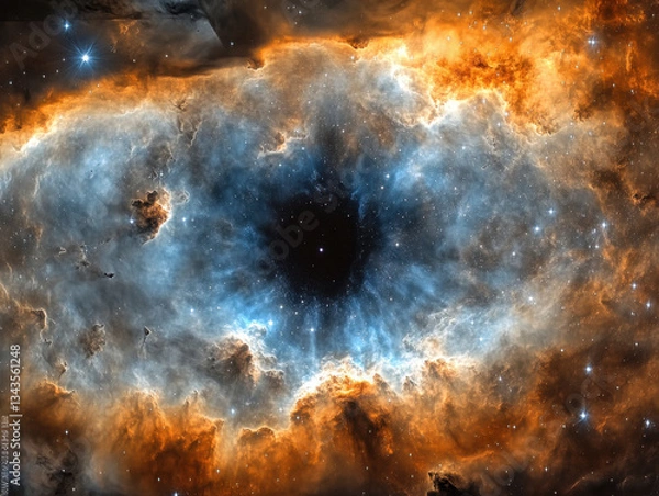 Fototapeta Enigmatic nebula with dark central void, surrounded by vivid cosmic clouds in orange and blue, depicting the vastness and mystery of the universe.