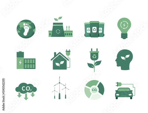 Obraz Ecology icons set. CO2 Neutral. Eco Environment Signs Collection. Green energy, Net zero. Circular economy. Vector illustration in flat cartoon style.