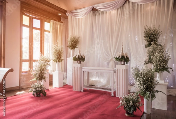 Obraz Interior ceremony wedding room decoration by red carpet and fabr