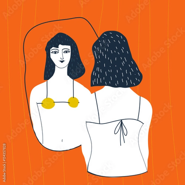 Fototapeta Narcissistic woman character looks in the mirror. Redhead woman 
 in lingerie looks in the mirror. Vector illustration. Narcissism concept. 