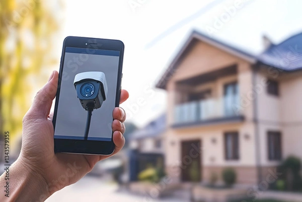 Obraz Hand Holding Smartphone Displaying Security Camera Near Modern Family House