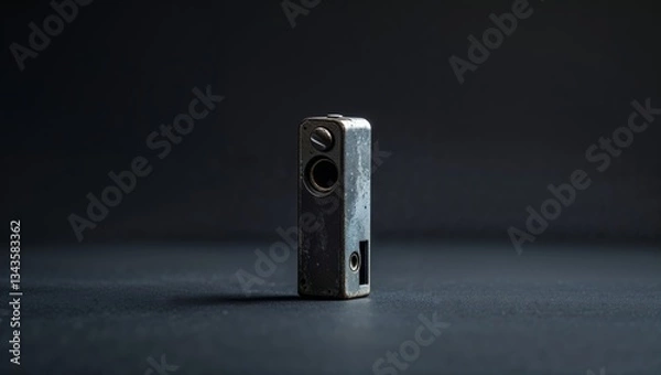 Fototapeta Metallic vape device stands alone on a dark surface, showcasing its sleek and minimalist design with subtle details