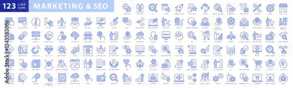 Fototapeta Marketing and SEO outline style icons set. Digital Marketing & Search Engine Optimization thin line icons collection. Website, search, keyworg, analysis, tag, strategy, content, rating.