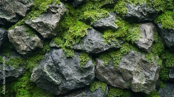 Obraz A closeup of a weathered stone wall covered with green moss