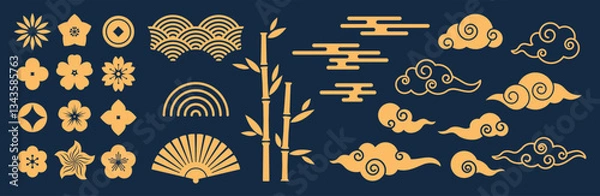 Fototapeta Chinese clouds, coin, flowers, bamboo, fan. Decorative shapes in oriental style for card, banner, print, flyer, poster, cover. Asian Lunar New Year. Vector design elements isolsted