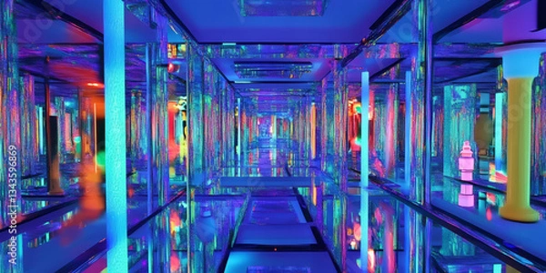 Obraz A surreal 3D background displaying an infinite mirror maze reflecting cascading neon lights. The endless reflections and shifting perspectives create a mesmerizing, futuristic, and dreamlike visual