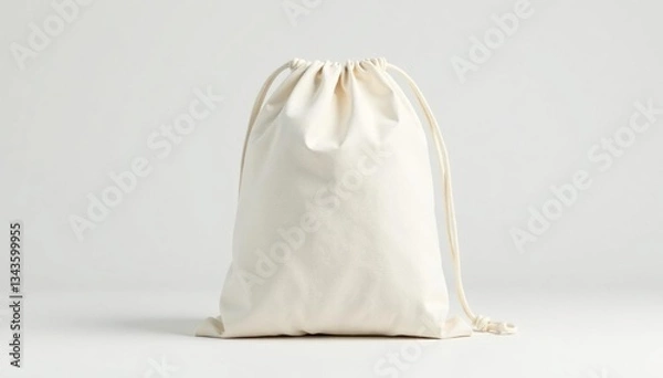 Fototapeta Small canvas drawstring bag, clean white backdrop, compact, everyday