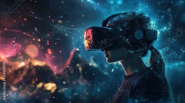 Fototapeta Woman immersing herself in an ethereal virtual reality landscape with glowing effects
