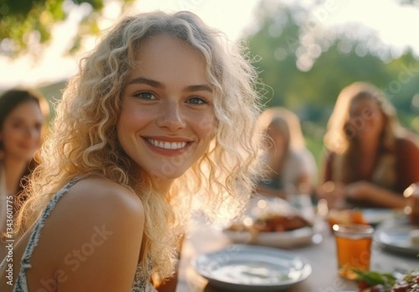 Obraz a blonde woman with curly hair, wearing casual and smiling at the camera while sitting with her family in an outdoor dining area on a summer day.