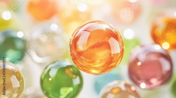 Fototapeta Colorful Transparent Glass Balls Floating in Soft Light Background