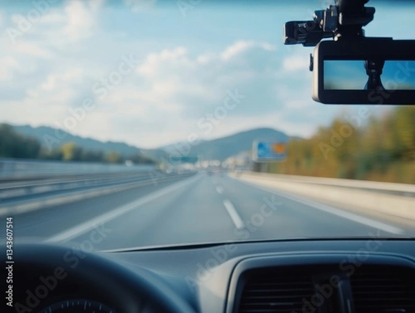 Fototapeta Highway Journey: A Driver's Perspective on the Open Road with Dashcam Recording the Scenic Route and Mountain Views Ahead