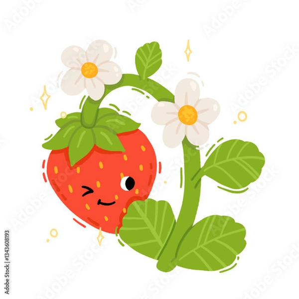 Fototapeta Cute kawaii red strawberry character with smiling face on stem with leaves and flowers. Hand drawn vector illustration for children books.