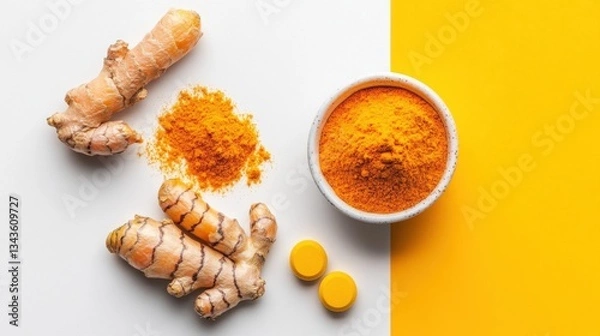 Obraz Turmeric capsules neatly arranged on a minimalistic white and yellow background