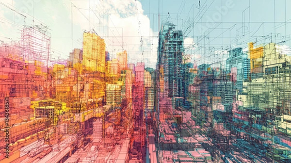Fototapeta vibrant, abstract cityscape with colorful, geometric outlines creates futuristic urban scene