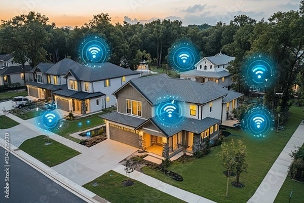 Fototapeta Modern suburban homes displaying strong wifi signal strength during sunset