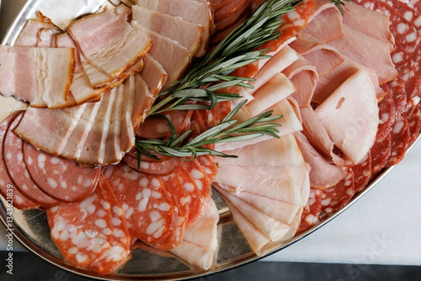 Obraz Marble cutting board with prosciutto, bacon, salami and sausages on wooden background. Meat platter