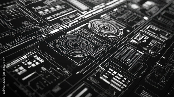 Obraz complex tech interface is sketched with black marker, showcasing intricate 3D illustrations