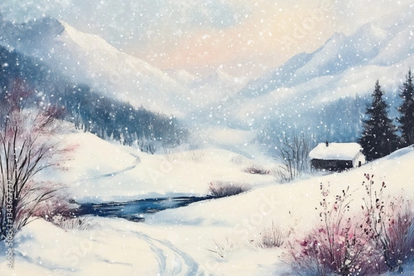Obraz Digital painting of river, trees and mountains at winter