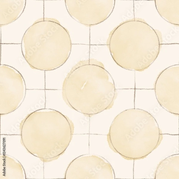 Fototapeta Simple pencil sketch grid and pale yellow watercolor circles japandi geometric modern pattern. Monochrome minimalist design. Thin lines, muted earth tone, wabi sabi.