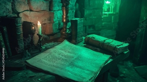 Obraz Enchanting Vintage Witcher Cottage Filled with Scrolls and Recipes