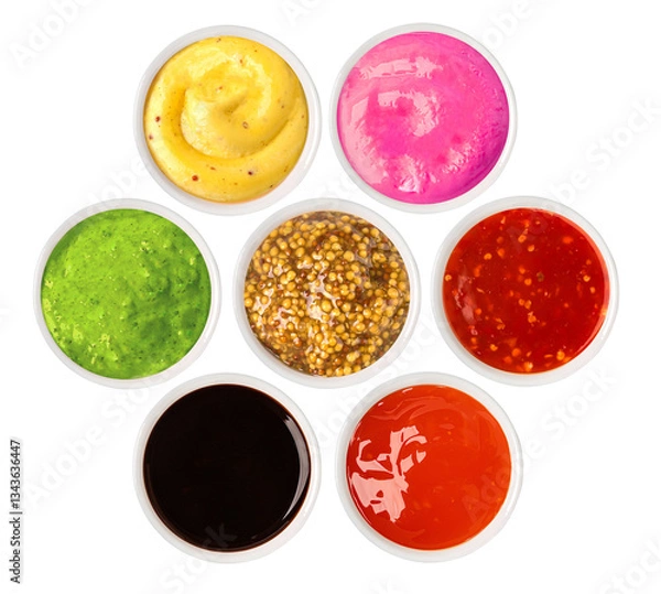 Fototapeta Set of various sauces in bowls, isolated on white background, top view