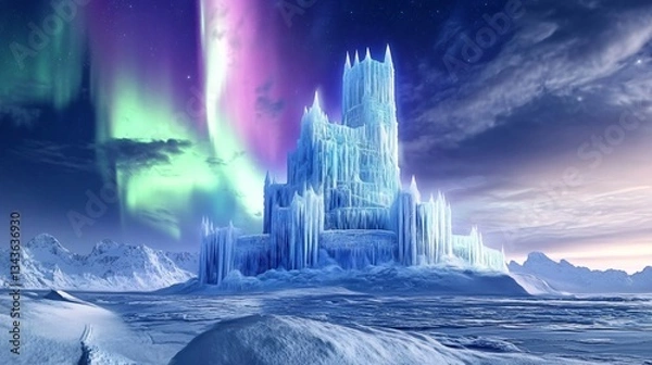 Obraz Majestic Fantasy Scene: Ice Castle Set Against Snowy Landscape