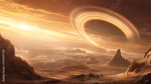 Obraz Glowing Ringed Planets Over Desert Landscape Digital Art
