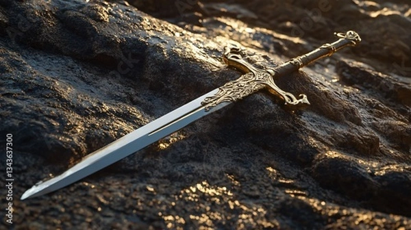 Obraz Golden Handle Sword on Rocky Surface: Professional and Striking Image for Designs
