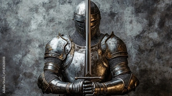 Obraz Ancient Knight in Metal Armor with Sword on Gray Background