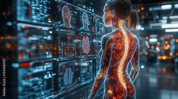 Fototapeta Woman studying anatomical spine data on futuristic interface