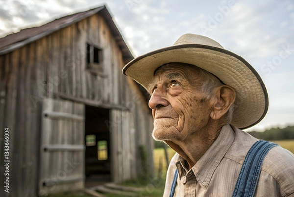 Obraz Elderly Farmer Staring at the Sky with a Weathered Barn in the Background Reflecting a Sense of Nostalgia and Connection to Rural Life