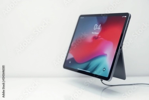 Fototapeta Floating tablet, charging cable, white backdrop , background, internet