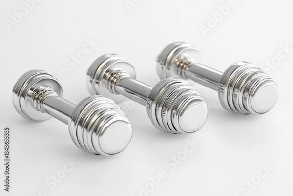 Fototapeta Silver adjustable dumbbells lined up on a white background ready for a workout session