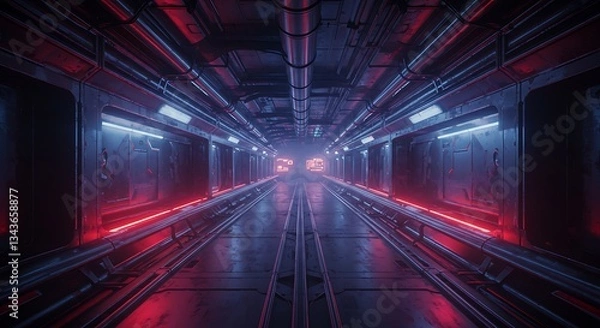 Fototapeta Cyberpunk corridor with metallic structure - evokes technological advancements - for digital art, science fiction