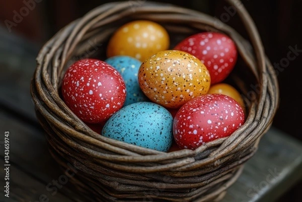 Fototapeta Easter table setting with colorful decorations, including a bowl of oranges and apples. Festive and vibrant holiday theme.