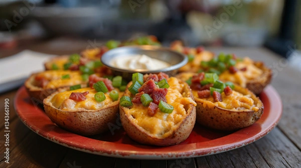 Obraz Papas rellenas con queso cheddar, tocino y cebollín