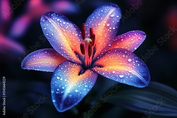 Fototapeta Vibrant blue and orange lily with raindrops glowing in the dark under soft light