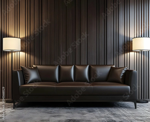 Fototapeta Photographer Chen Man's fashionable photography style features a light brown leather sofa, photorealistic rendering, and an American modernist design sense, with metal legs and a coffee table in the l
