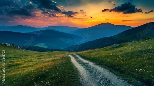 Fototapeta Serene Cross Road on Hillside Meadow in Mountain at Sunrise