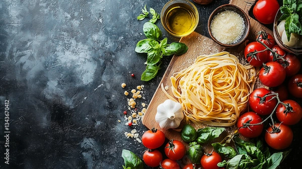 Fototapeta Overhead View Of Pasta Tomatoes Fresh Basil And Oil On Wooden Board With Dark Textured Background