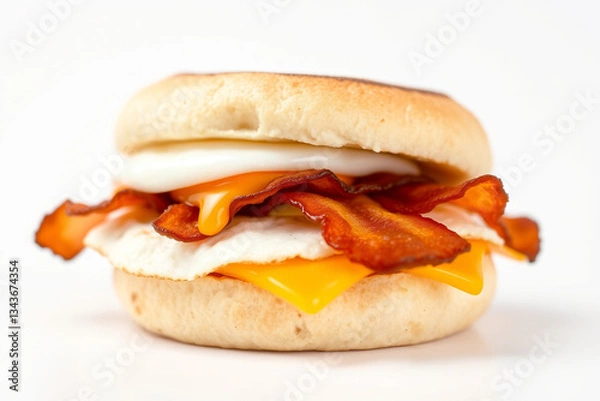 Fototapeta Delicious sandwich featuring a toasted English muffin, runny egg, melted cheese, and crispy bacon on a white background, perfect for breakfast or brunch.